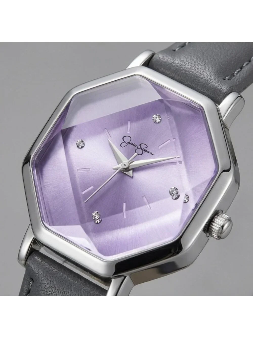 Women's Silver Leather Band Octagon Faceted Crystal Dial Classic Wrist Watch
